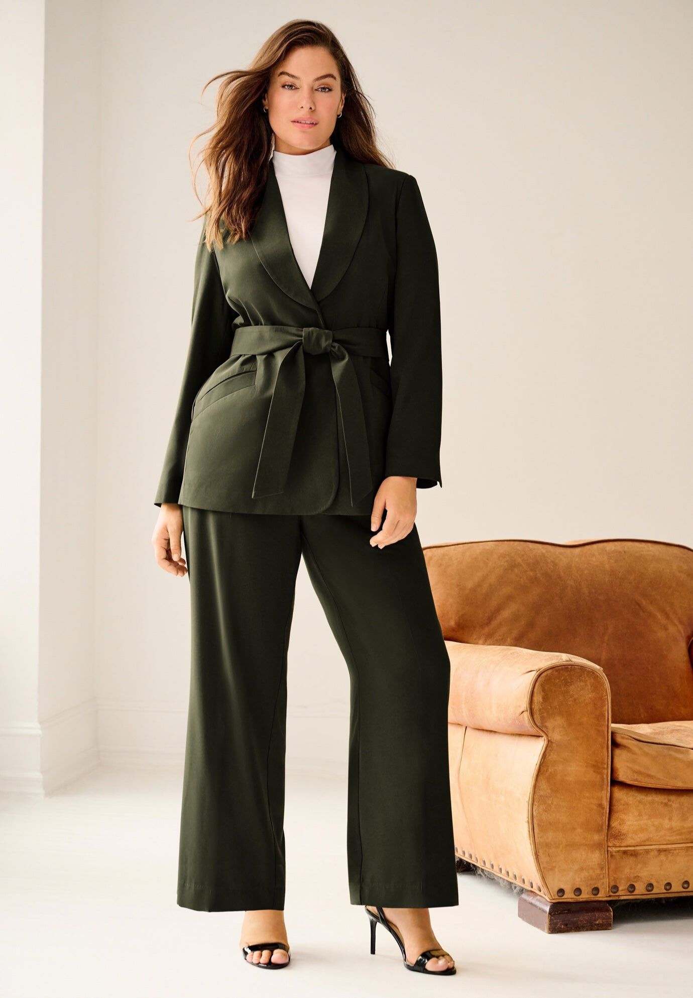 Shawl Collar Blazer With Self-Tie Belt, DEEP OLIVE, hi-res image number 0