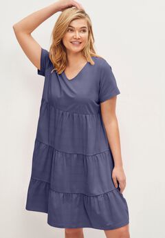 Cotton Spandex Scoop Neck Short Sleeve Tiered A Line Dress