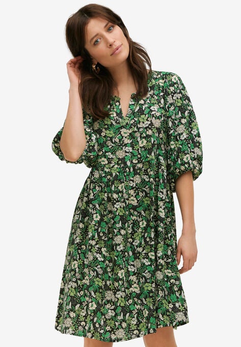 Notch Neck Empire Dress, BLACK GREEN FLORAL, hi-res image number null