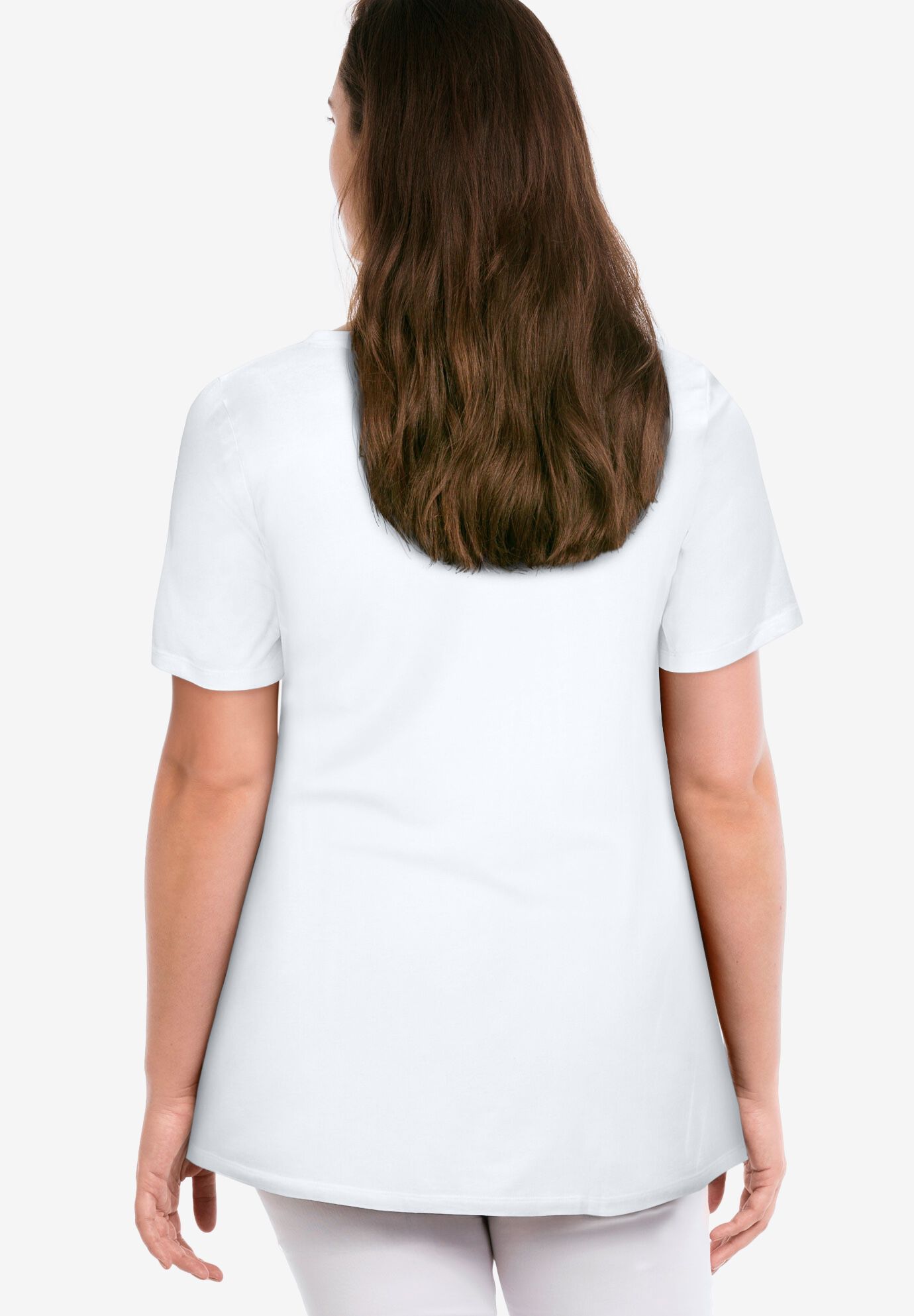 Stretch Knit V-neck Short Sleeve Chest Pocket Tunic, WHITE, on-hover image number 1
