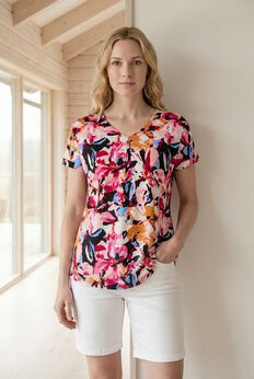 Stretch Knit V-neck Short Sleeve Inverted Pleat Tunic