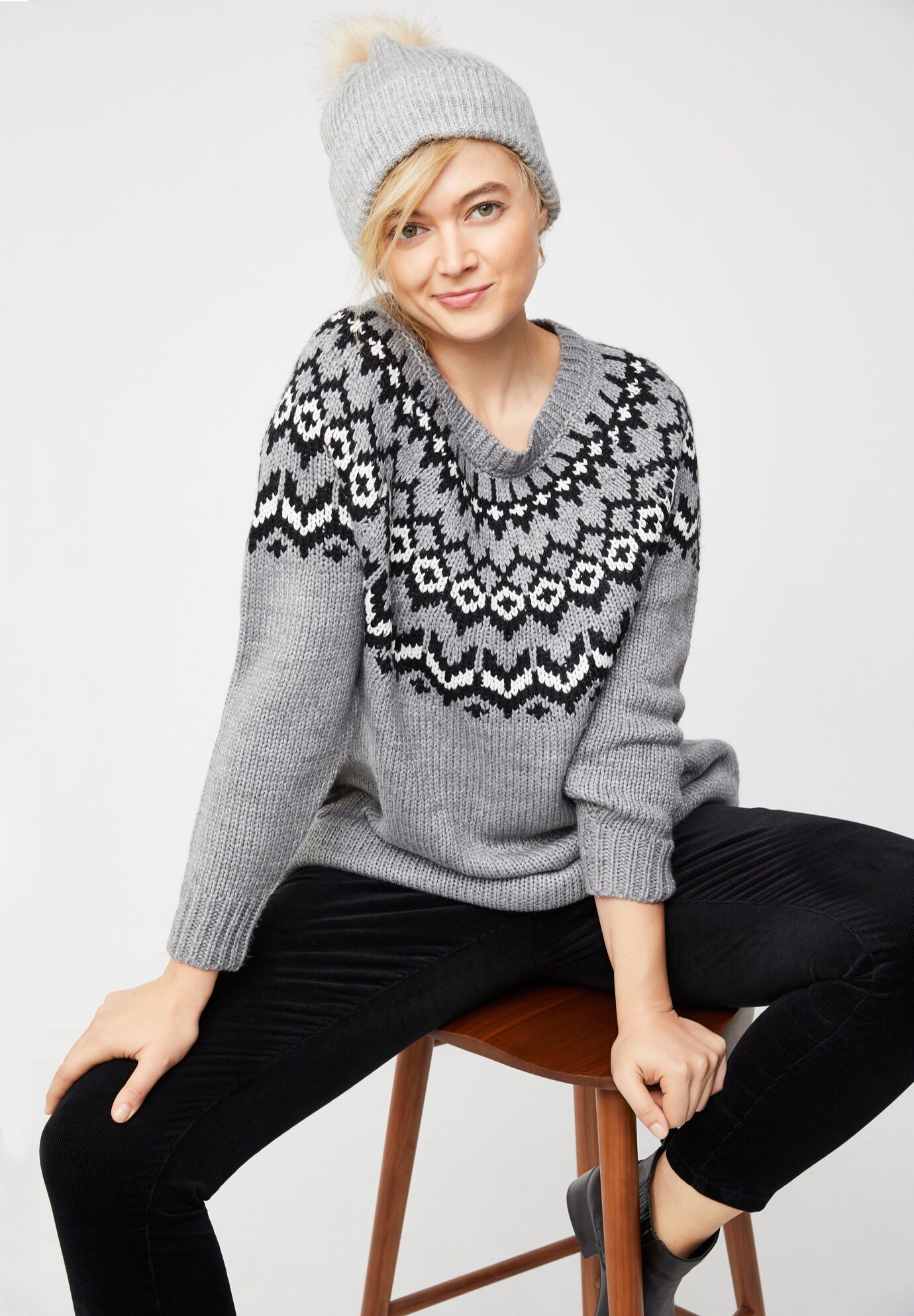 Black and white fair isle sweater top