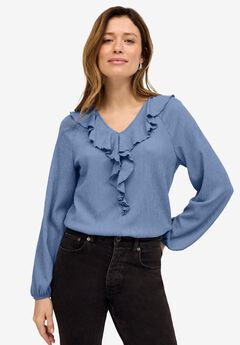 Stretch Textured Knit V-neck Ruffle Front Top