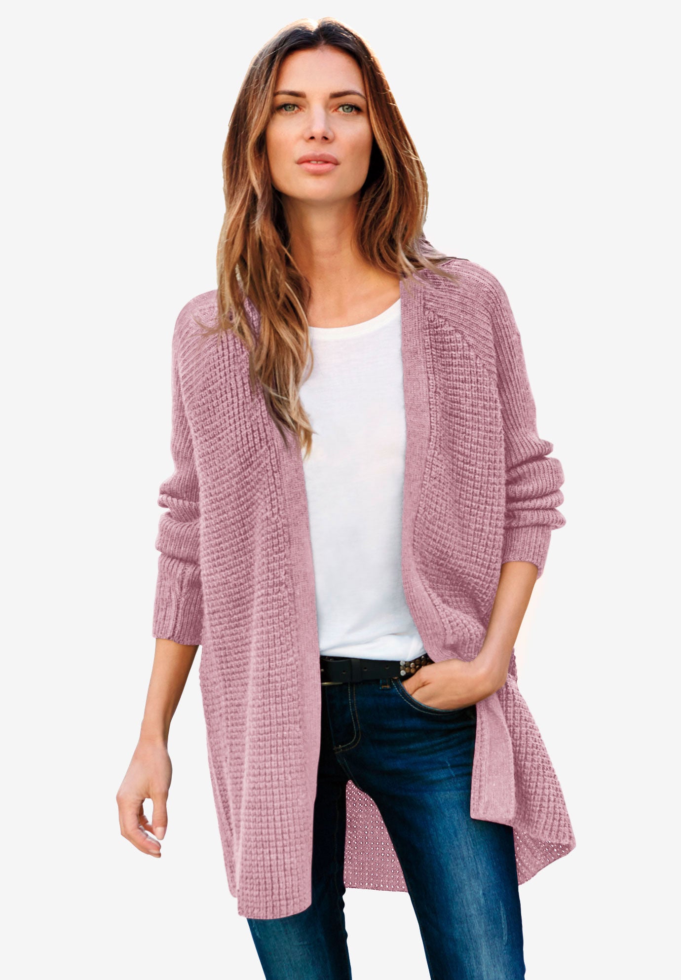 Waffle Knit Open Front Cardigan All Sizes Dusty Pink