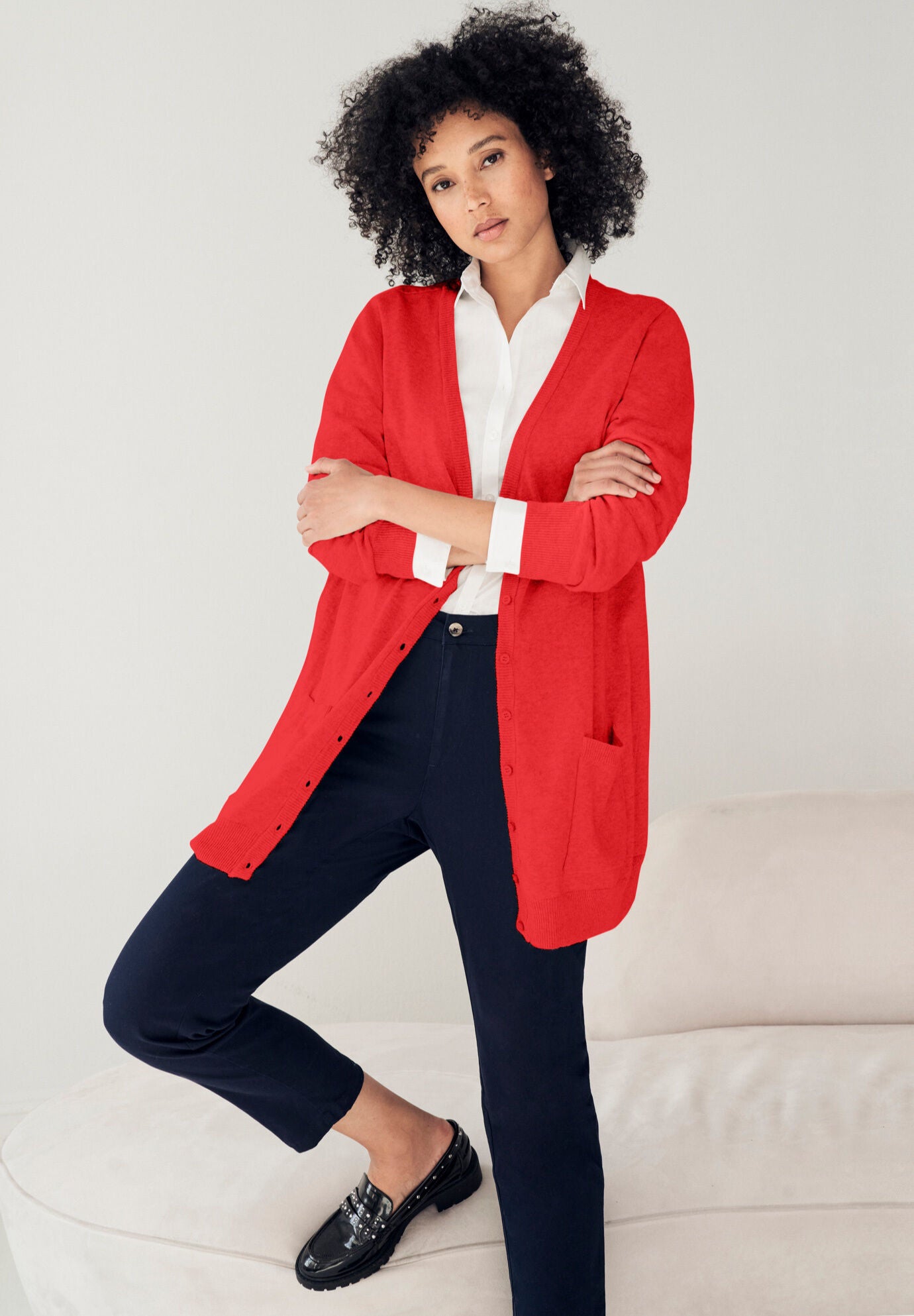 Woman within boyfriend cardigan top