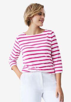 Cotton Spandex Jersey Boatneck Three-Quarter Sleeve Top