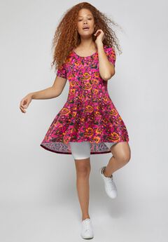 Stretch Knit Scoop Neck Short Sleeve A Line Dress