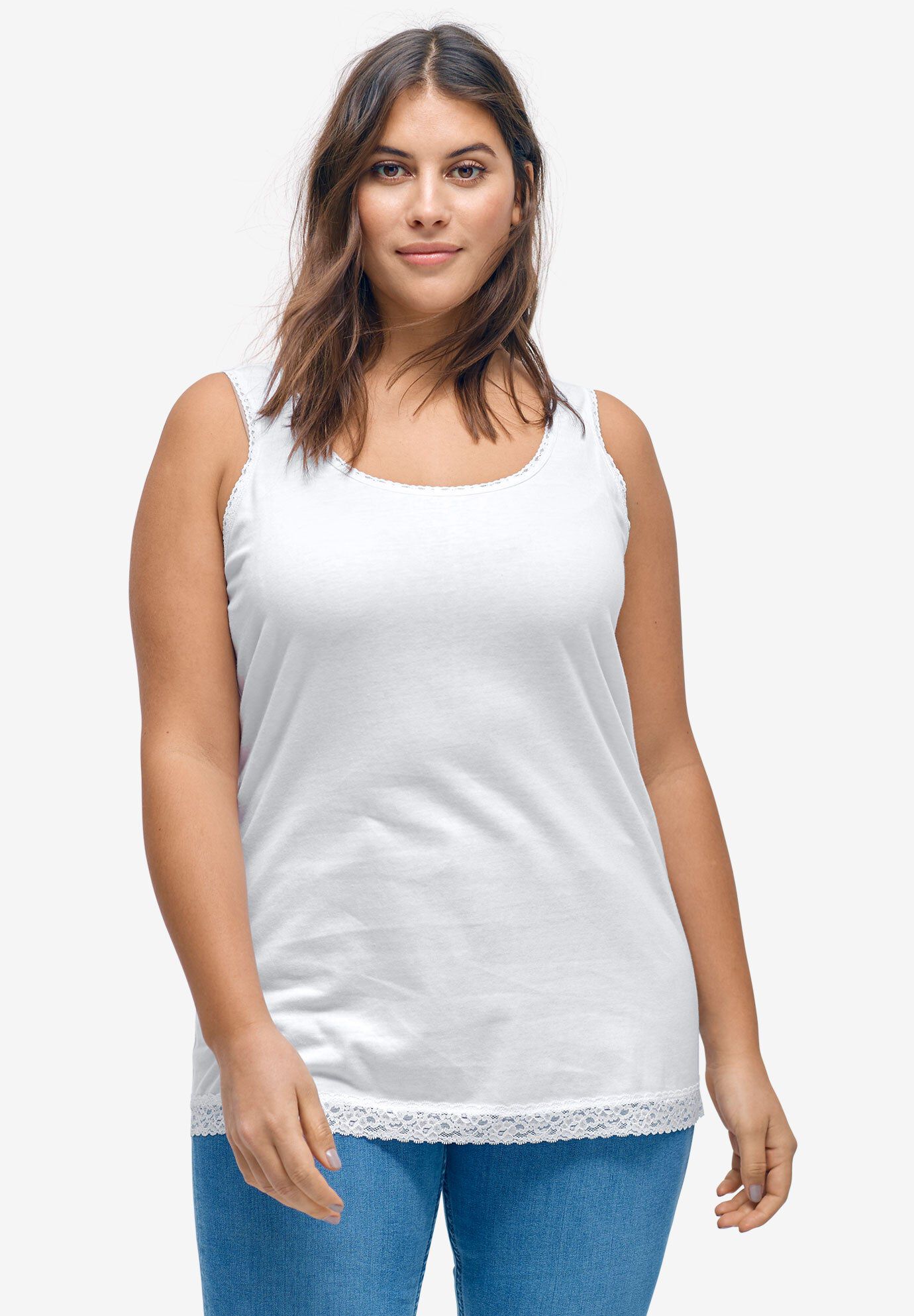 Lace Trim Tank, WHITE, hi-res image number 0