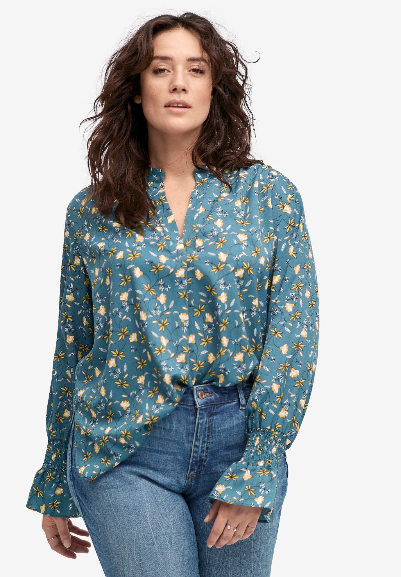 Floral Notch-Neck Blouse, RAINFOREST GREEN FLORAL, hi-res image number 0