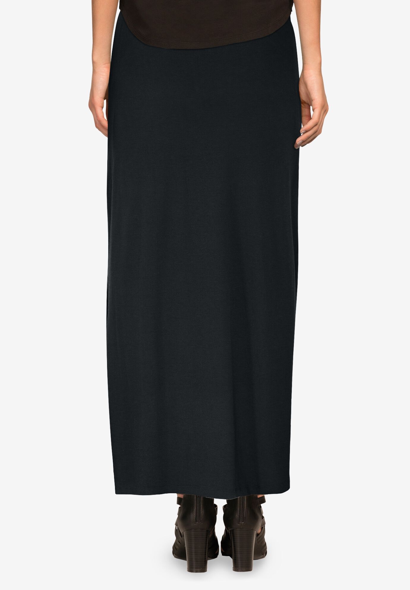 Stretch Jersey Knit Elastic Drawstring Waist Maxi Skirt, BLACK, on-hover image number 1