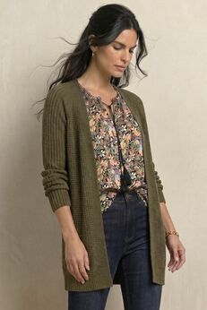 Open Front Long Ribbed Sleeve Waffle Cardigan