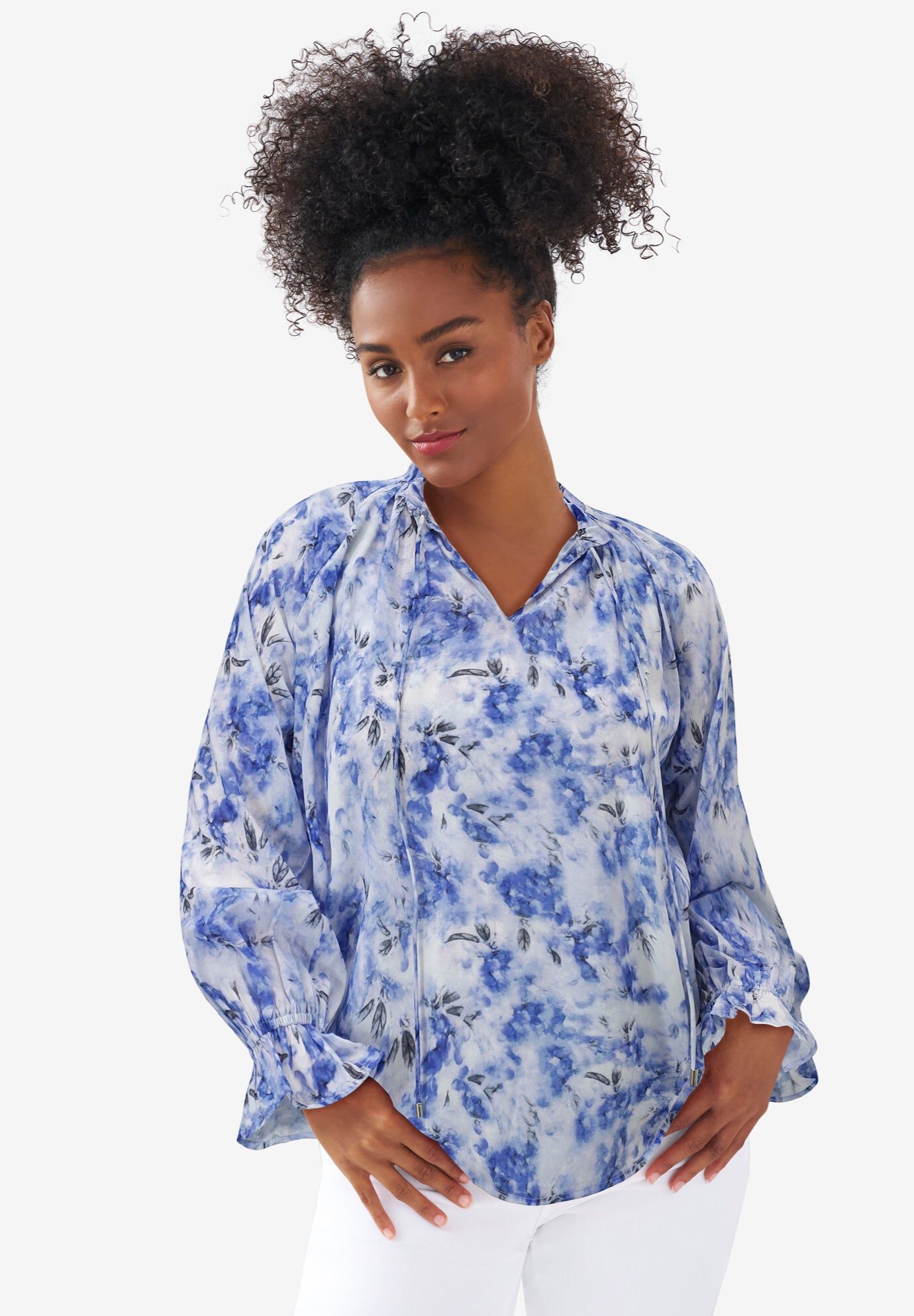 Keyhole Ruffle Blouse for Blouson Sleeves, Blueberry Cream Floral ...
