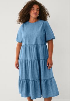 Lightweight Denim Short Sleeve Tiered Midi Dress