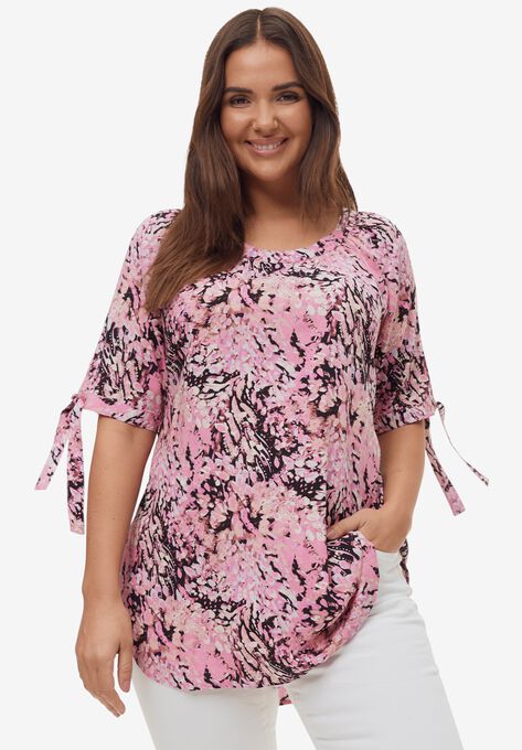 Tie-Sleeve Scoop Neck Tunic, ROSE MULTI PRINT, hi-res image number null