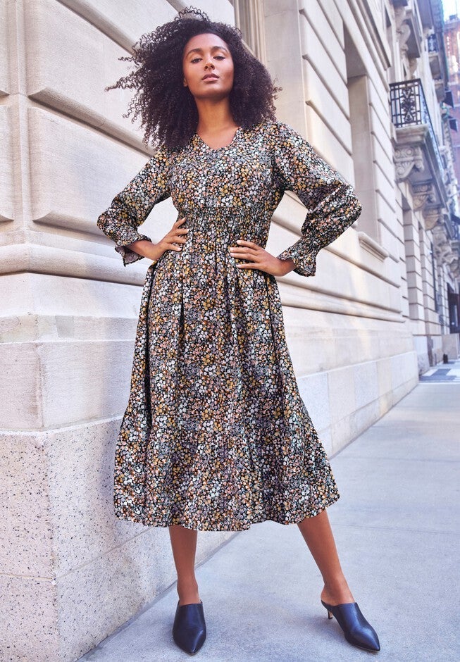 Vintage-Inspired Smocked Waist Midi Dress, Beige Rust Ditsy Floral | Woman Within Vintage-Inspired Smocked Waist Midi Dress, Beige Rust Ditsy Floral | Woman Within