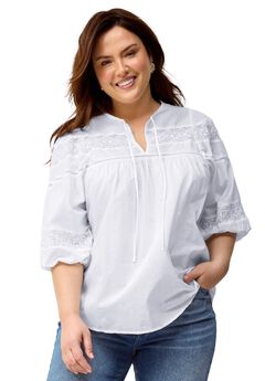 Keyhole Neck Blouse with Crochet Trim