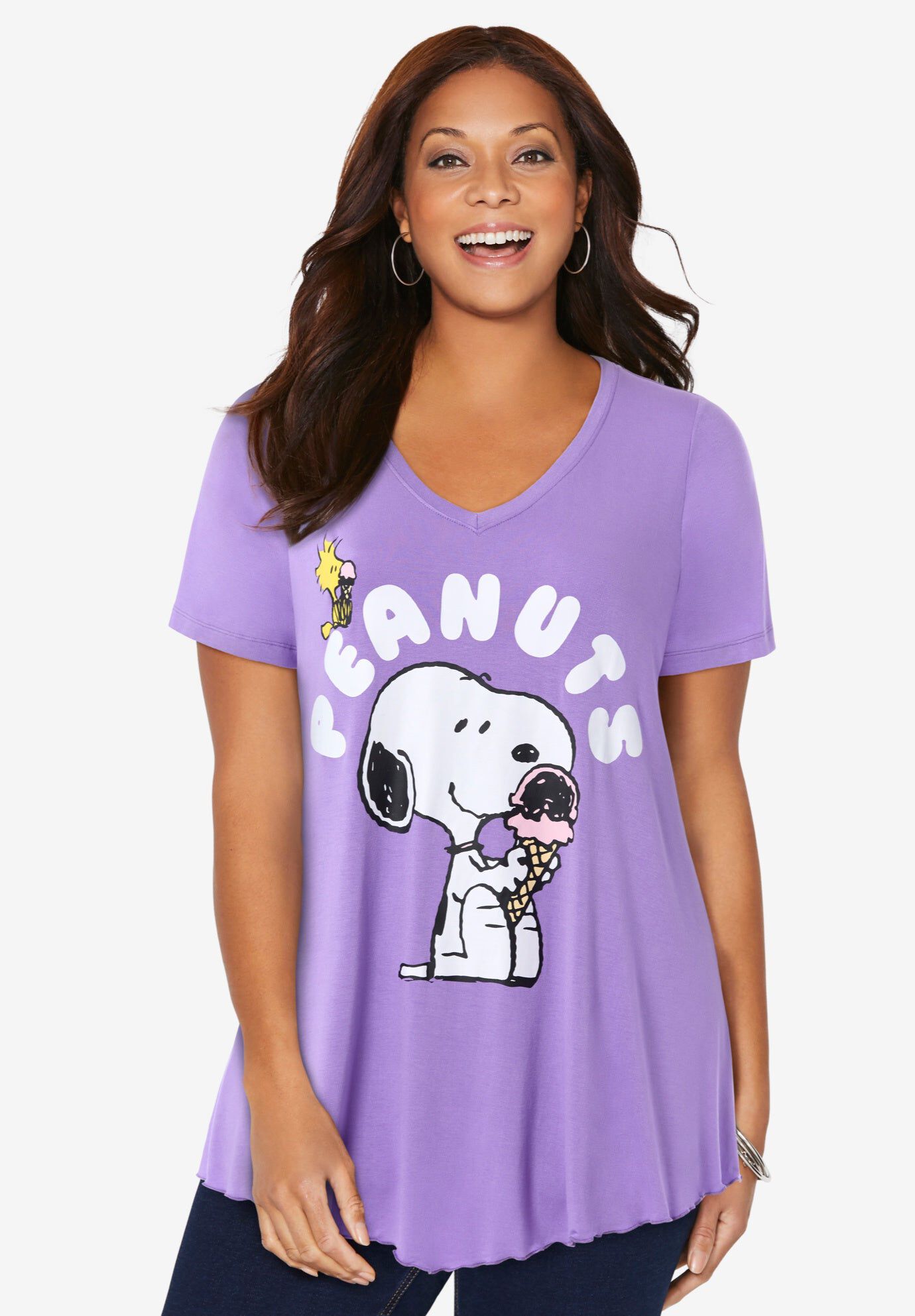 Peanuts Purple Snoopy V-Neck Point Hem Tee, PURPLE SNOOPY, hi-res image number 0