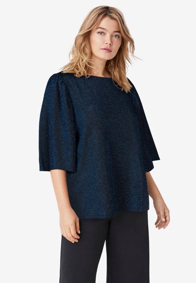 Glitter Knit Flutter Sleeve Tee, BLACK COBALT, hi-res image number 0