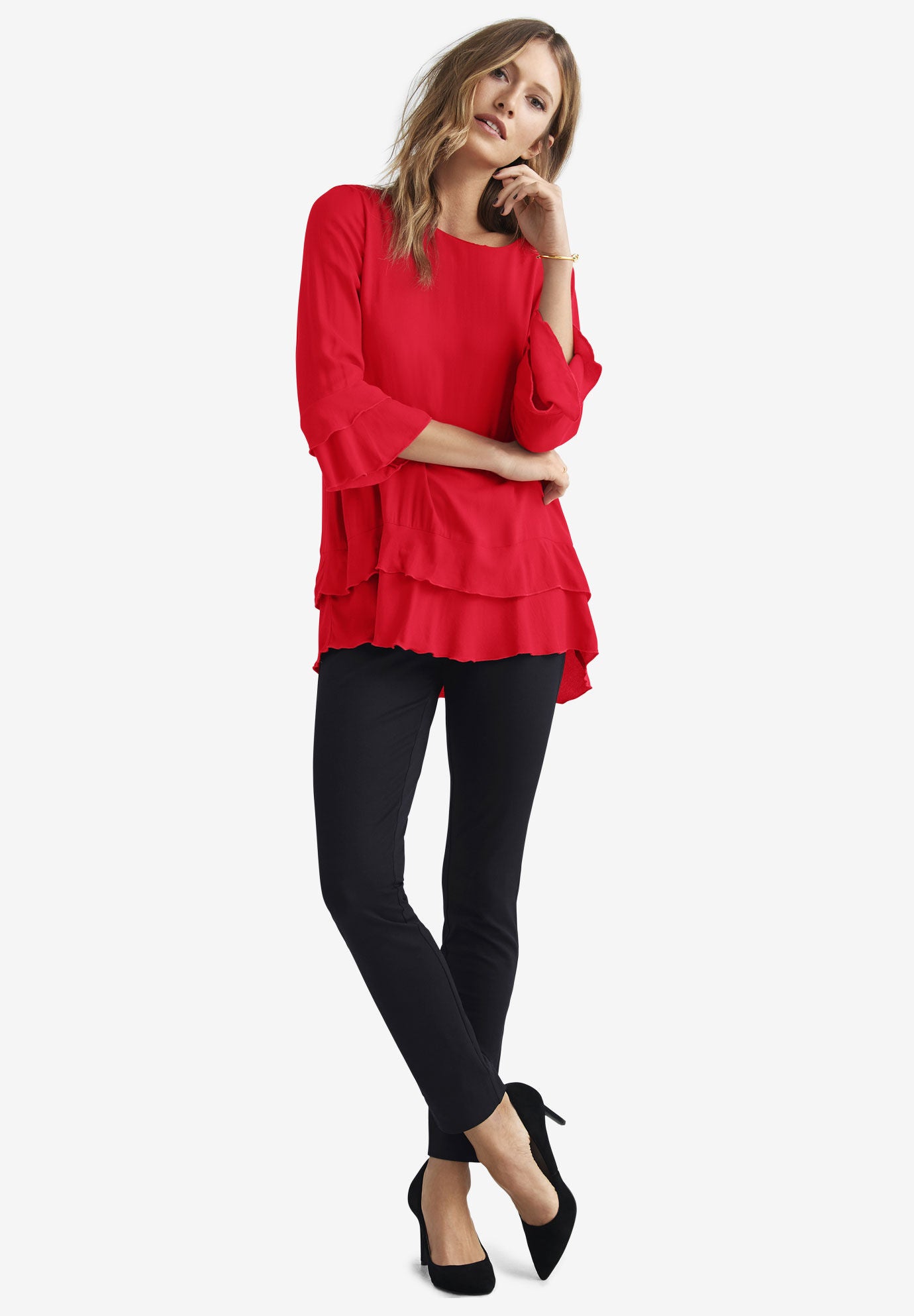 Ruffle Tunic with Bell Sleeves - Tiered Style, Royal Cobalt | Woman Within