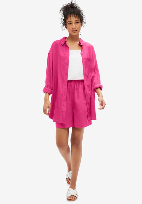 Oversized Button-Front Linen Blend Shirt, RASPBERRY SORBET, hi-res image number null