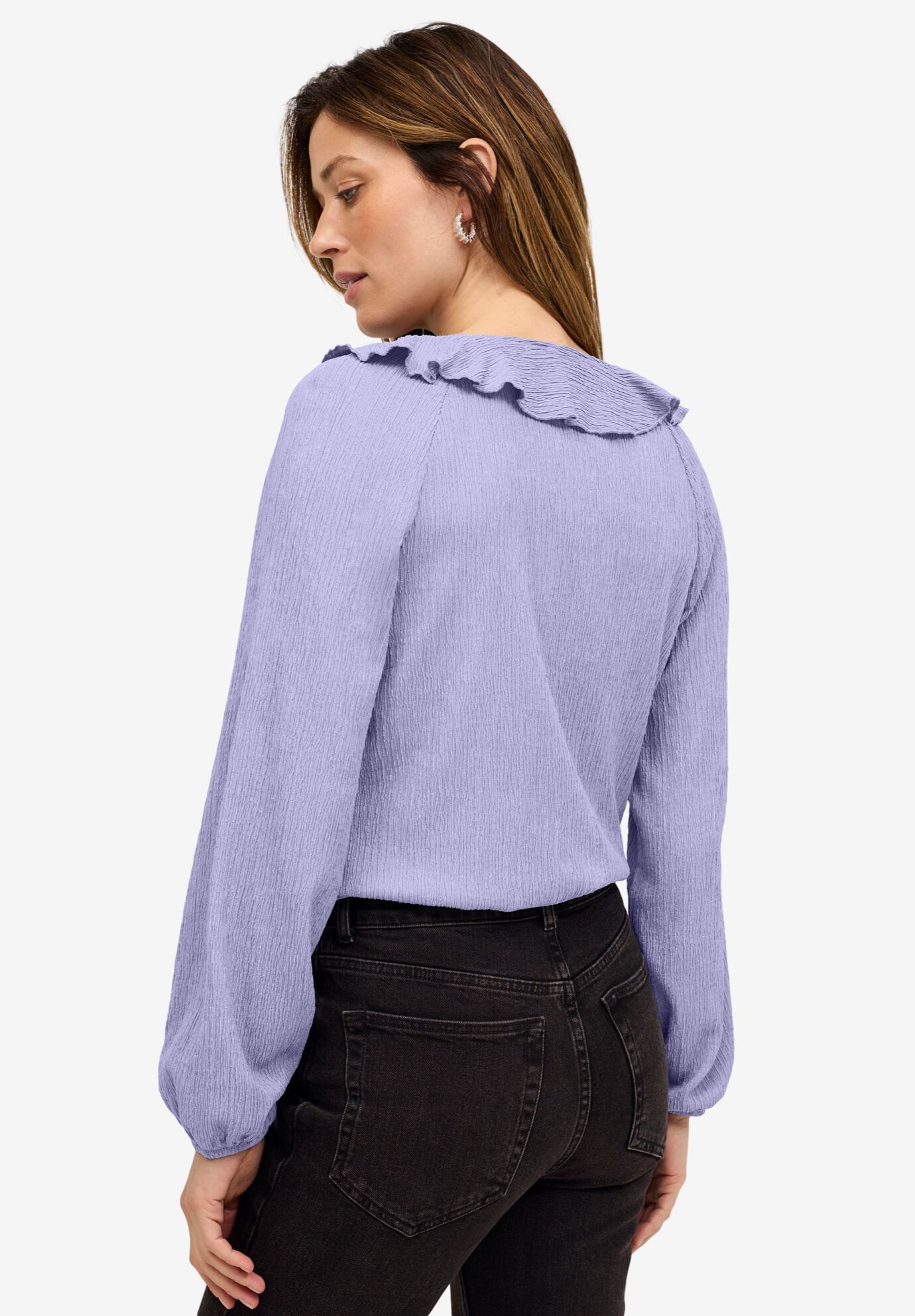 Knit Top With Ruffled V-Neck, LAVENDER, on-hover image number 1