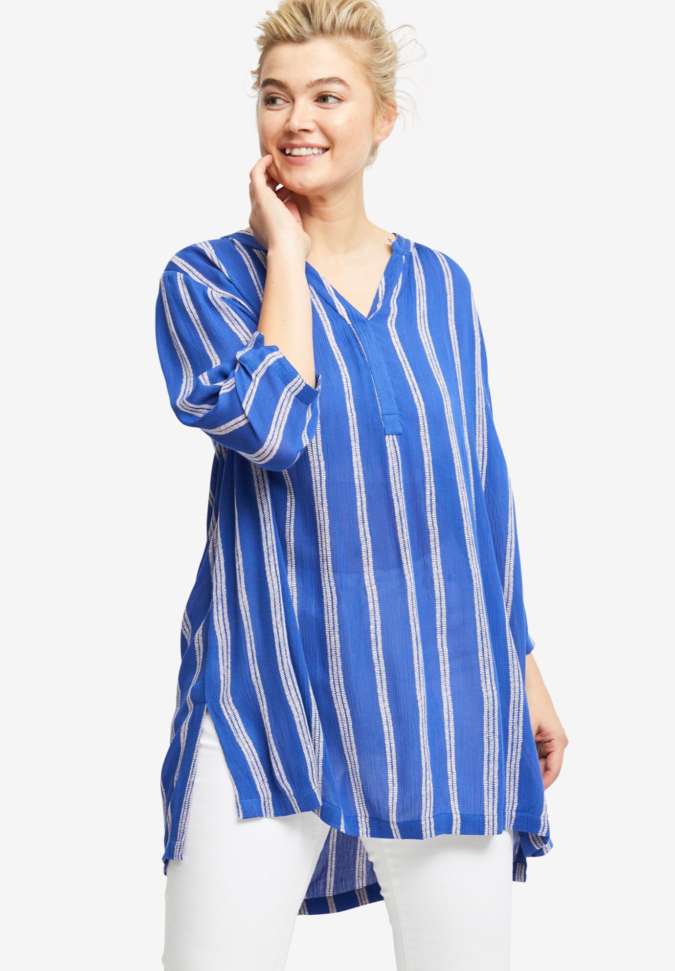 Notch Neck Crinkle Tunic, RICH INDIGO WHITE STRIPE, hi-res image number 0