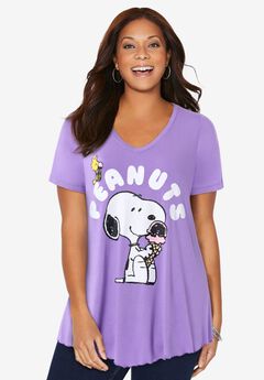 Peanuts Purple Snoopy V-Neck Point Hem Tee
