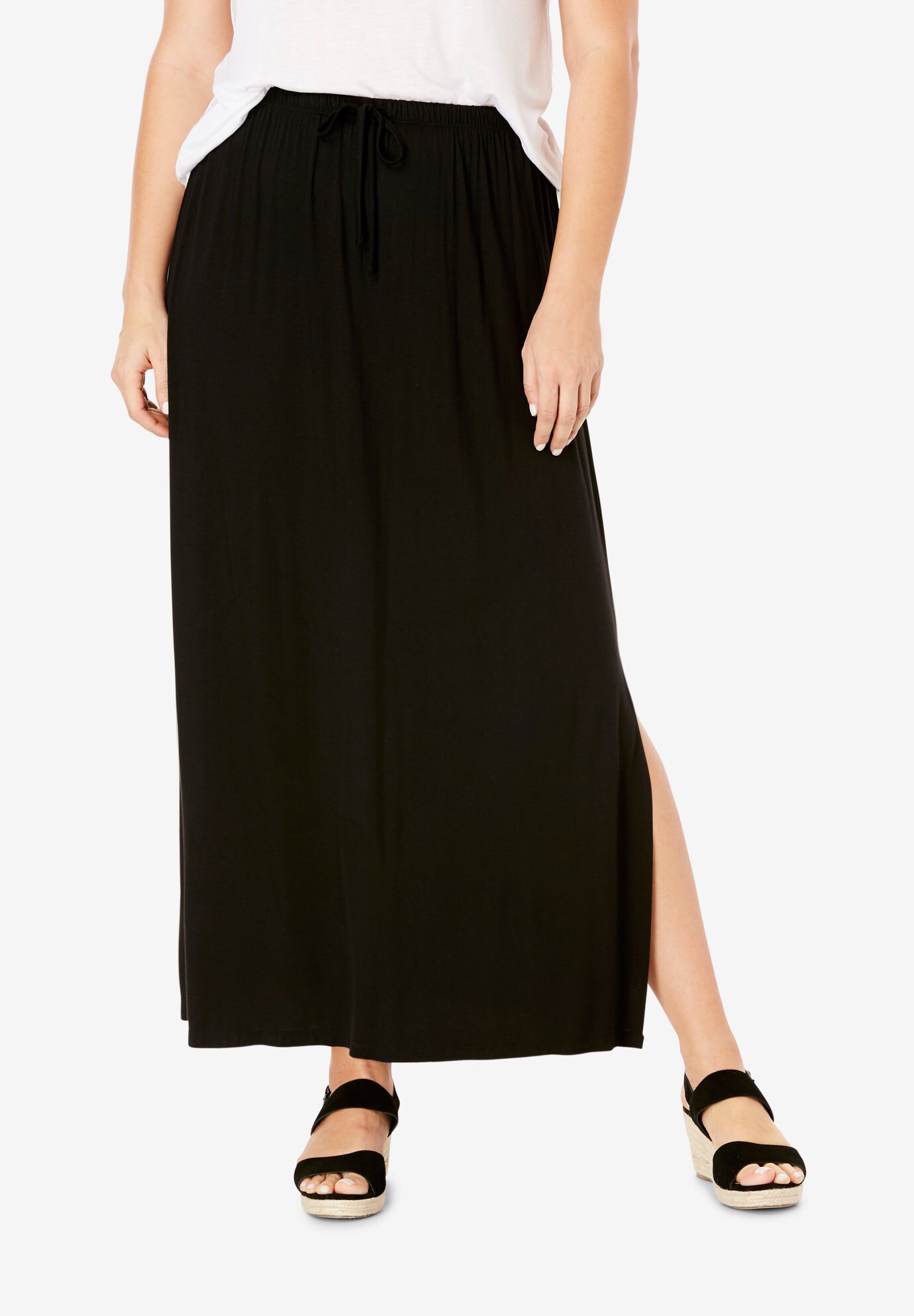 Stretch Jersey Knit Elastic Drawstring Waist Maxi Skirt, BLACK, hi-res image number 0