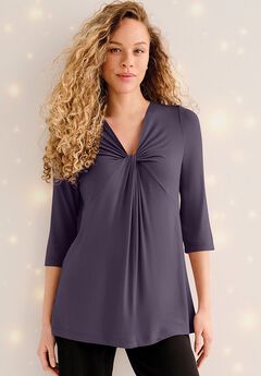 Stretch Jersey Knit V-Neck Three-Quarter Sleeve Knot Front Tunic