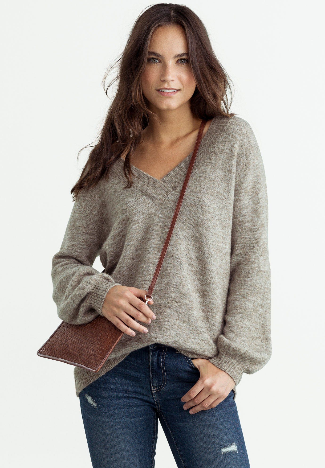 Crossover V-Neck Pullover, CREAMY BROWN HEATHER, hi-res image number 0