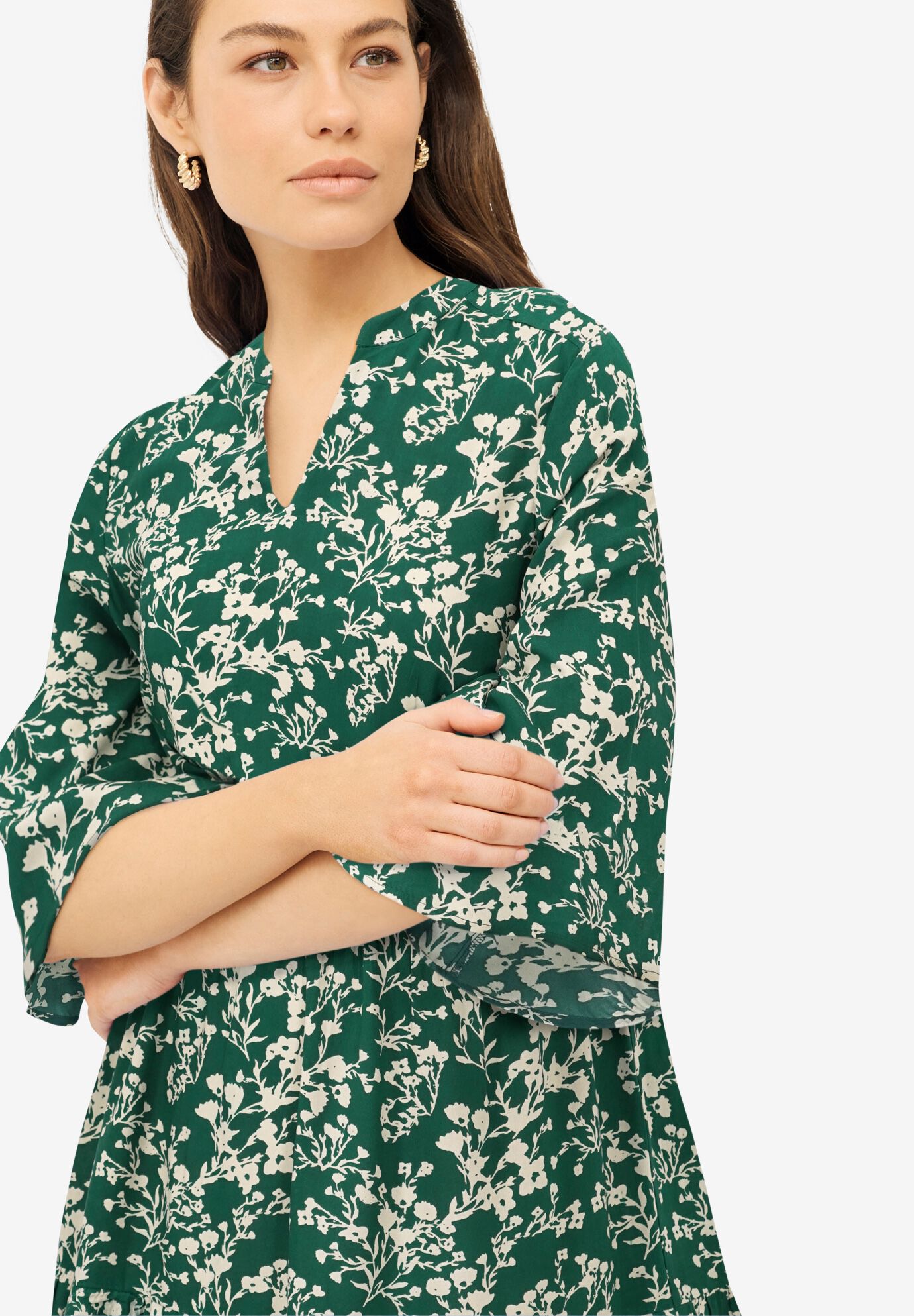 Notch Neckline Tiered A-Line Dress, ROYAL GREEN IVORY FLORAL, alternate image number 2