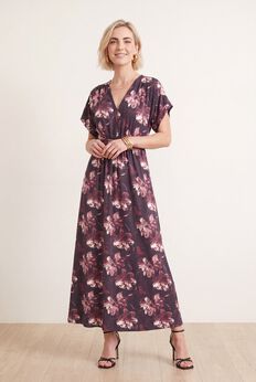 Stretch Knit Fit And Flare Elbow-Length Sleeve Tie-Back Maxi Dress