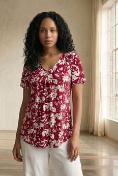 Stretch Jersey Knit V-Neck Inverted Pleat Short Sleeve Tunic