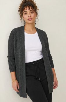 Open Front Long Ribbed Sleeve Waffle Cardigan