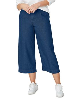 Lightweight Wide-Leg Crop Mid-Rise Elastic Waist Jeans
