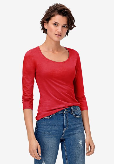 Three-Quarter Sleeve Scoop Neck Tee, CHILI RED, hi-res image number null