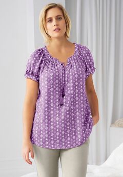 A-Line Scoop Neck Ruffle Trim 100% Cotton Cambric Peasant Blouse