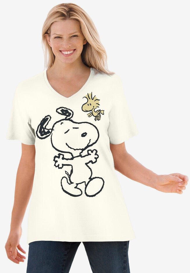 Peanuts Short Sleeve V-neck Tee Ivory Snoopy Woodstock, IVORY SNOOPY WOODSTOCK, hi-res image number 0