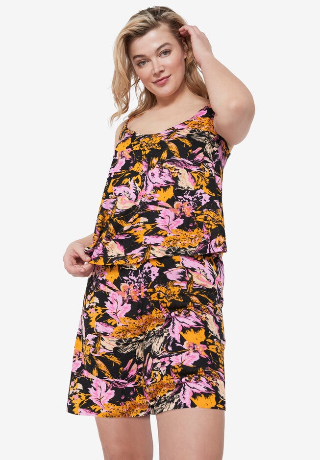 Tank Overlay Knit Romper, BLACK PINK PRINT, hi-res image number 0