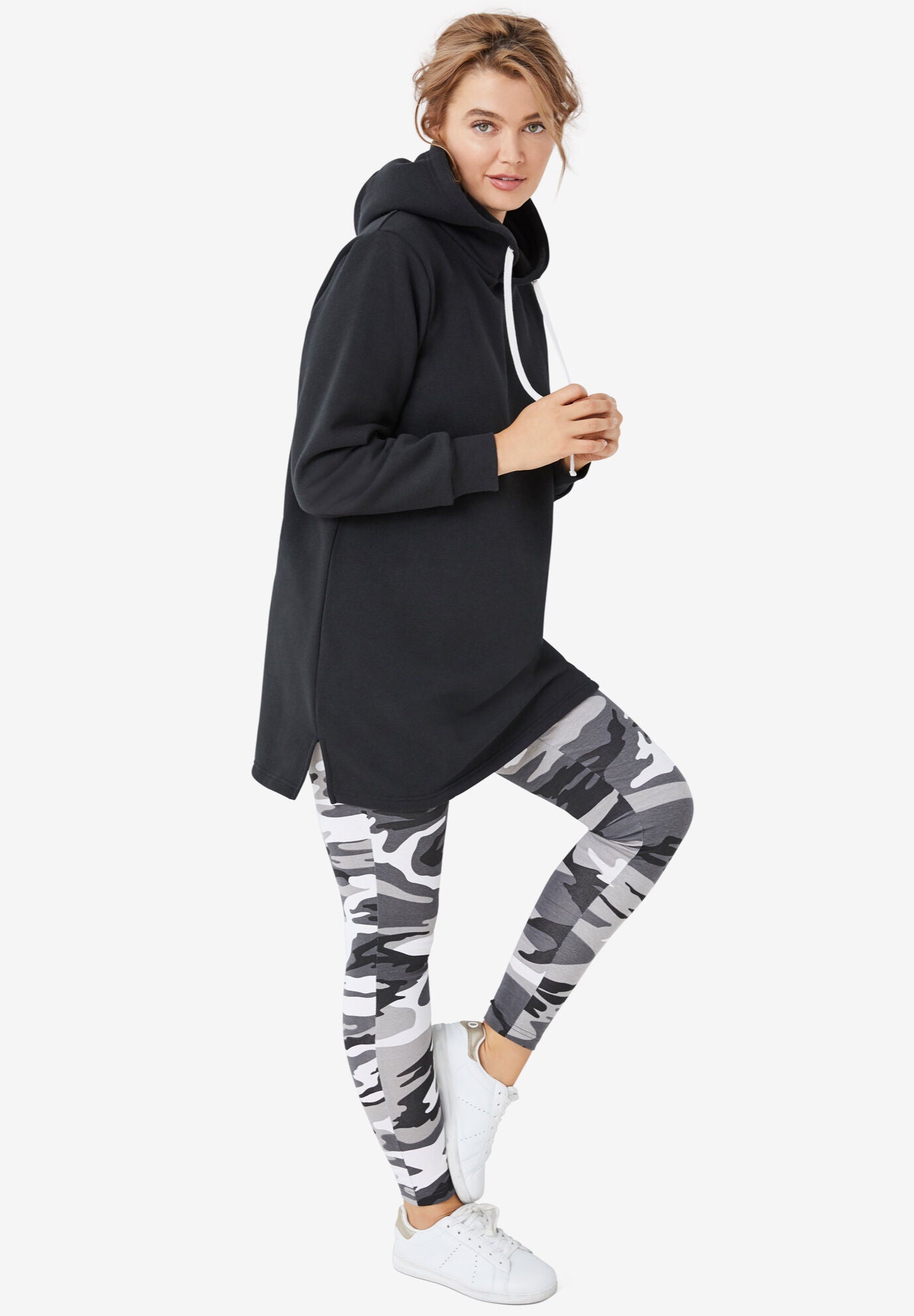 Stretch Knit Legging with Elastic Waistband Black White Camouflage