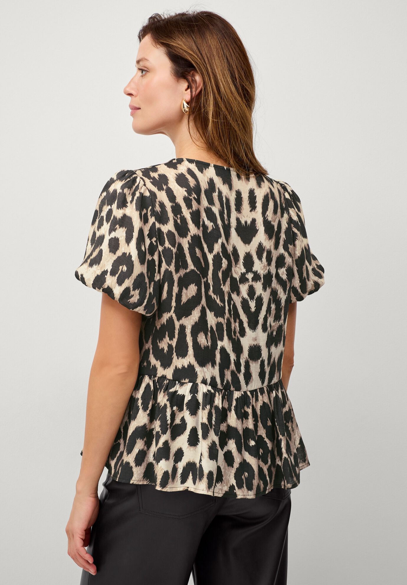 V-Neck Flounce Hem Blouson Sleeve Blouse, BEIGE BLACK LEOPARD, on-hover image number 1