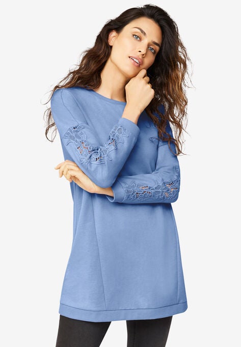 Lace Trim Sweatshirt Tunic, DUSTY CORNFLOWER, hi-res image number null