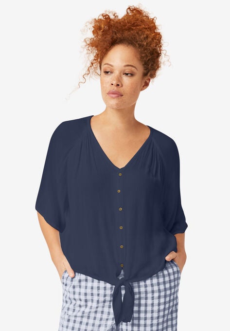 V-Neck Tie-Front Blouse, NAVY, hi-res image number null