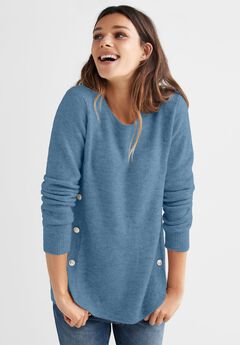 Stretch Scoop Neck Curved Hem With Buttons Pullover Sweater