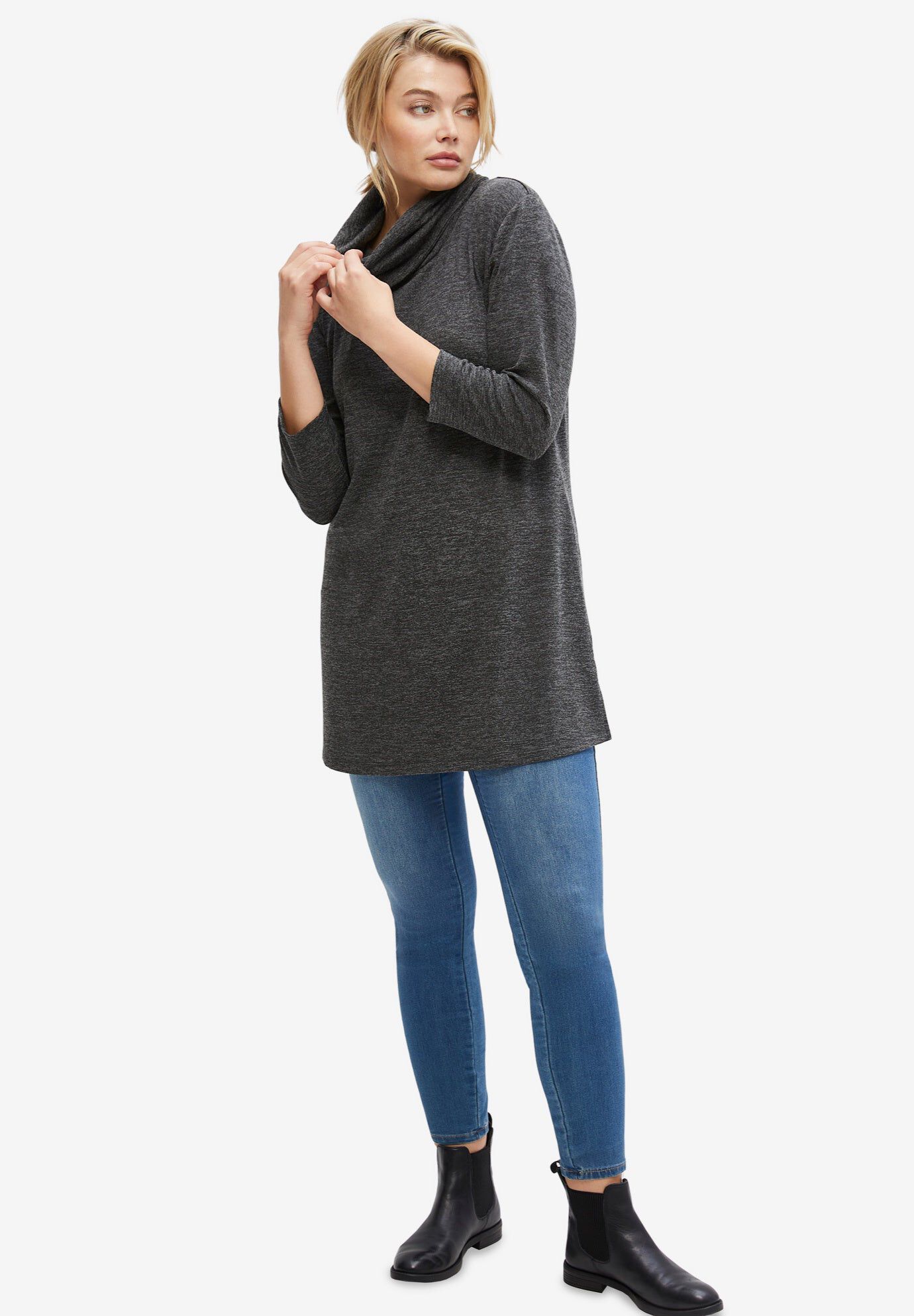 Cowl Neck Tunic, HEATHER CHARCOAL, hi-res image number 0