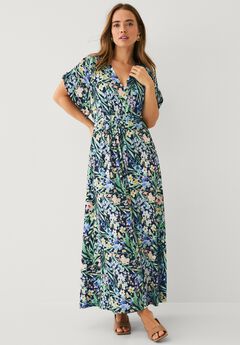 Stretch Knit Fit And Flare Elbow-Length Sleeve Tie-Back Maxi Dress