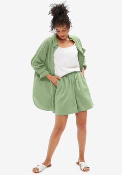 Linen-Blend Elastic Waist Shorts