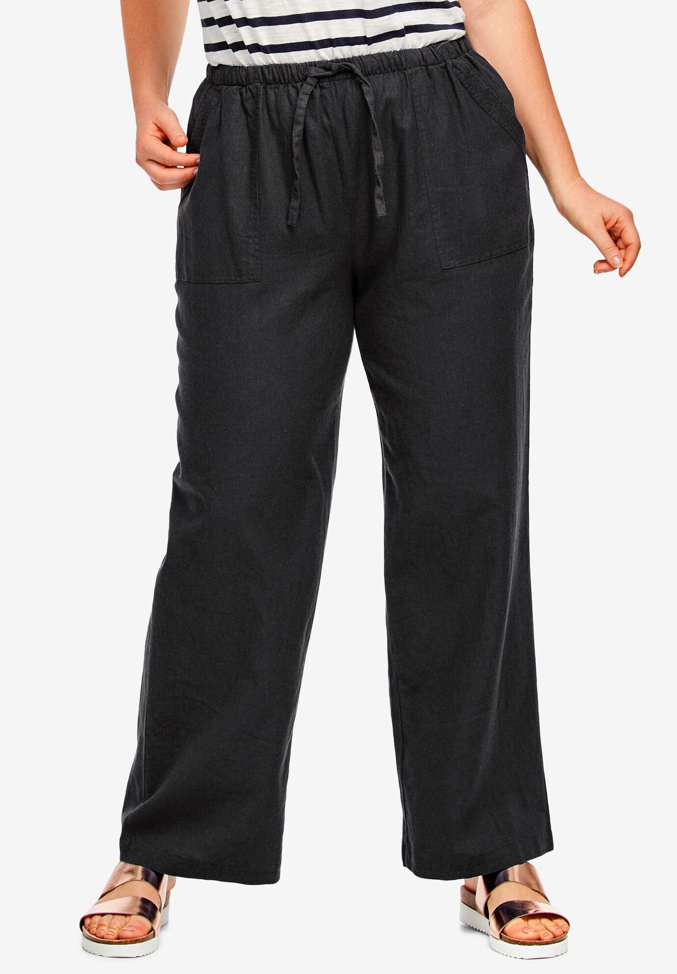 Linen Blend Drawstring Pants with Pockets Black