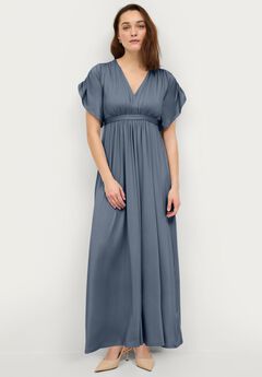 Stretch Knit Fit And Flare Elbow-Length Sleeve Tie-Back Maxi Dress