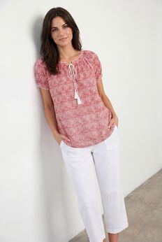 A-Line Scoop Neck Ruffle Trim 100% Cotton Cambric Peasant Blouse